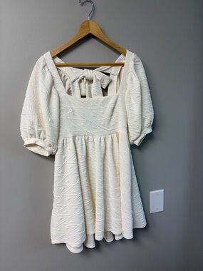 Free People White Textured Puff-Sleeve Mini Dress